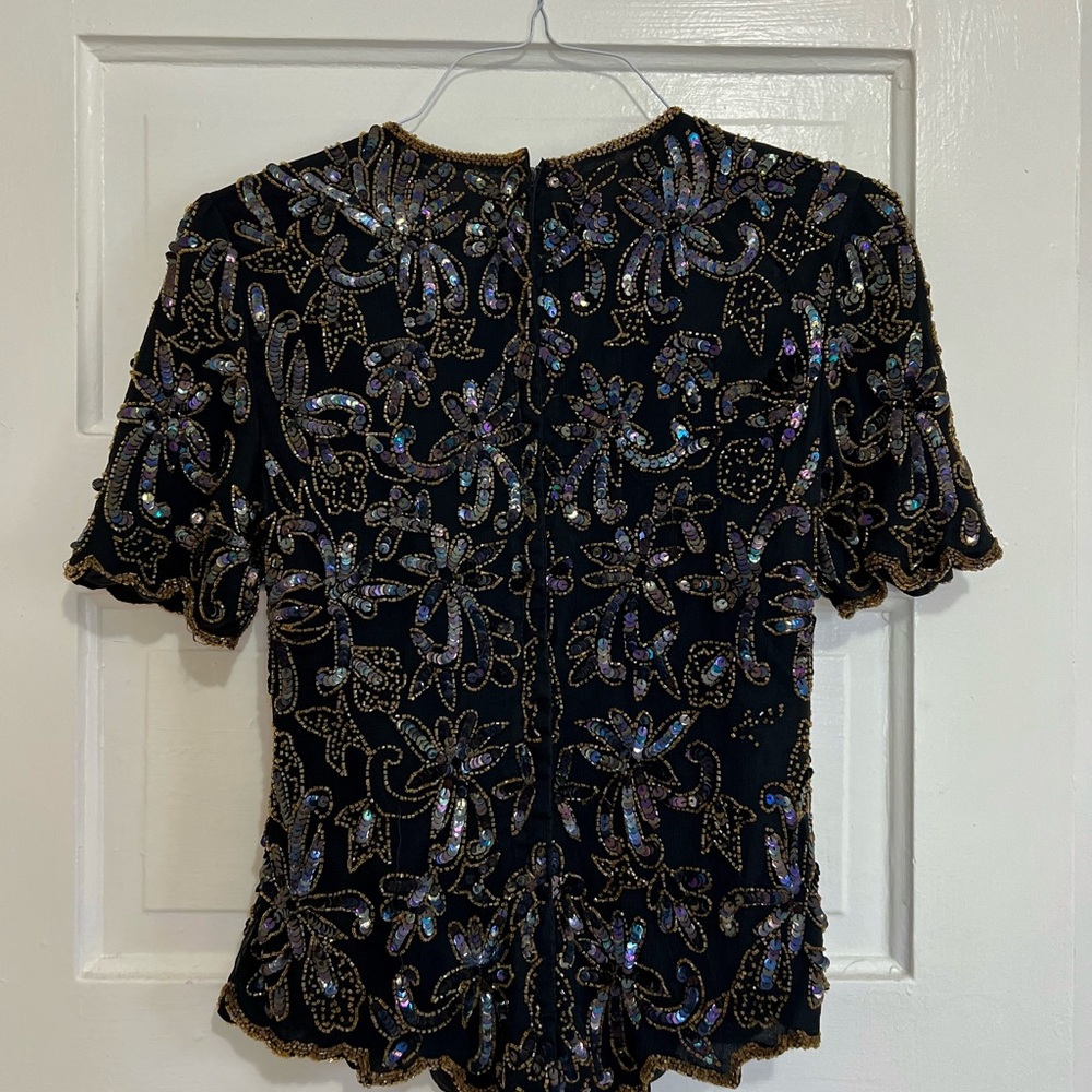 Vintage Silk Papell Boutique Beaded Sequin Evening Top S Black Gold Iridescent - Picture 7 of 8